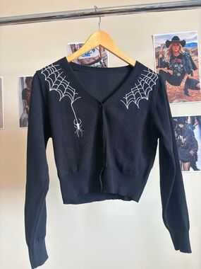 Black Spider Web V-Neck Button Cardigan Sweater